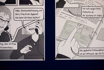 Ein Comic zeigt ein Telefonat zwischen einer Sozialarbeiterin und dem Krankenhaus