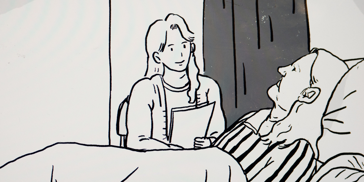 In einem Comic sitzt eine Sozialarbeiterin am Bett einer Patientin im Krankenhaus