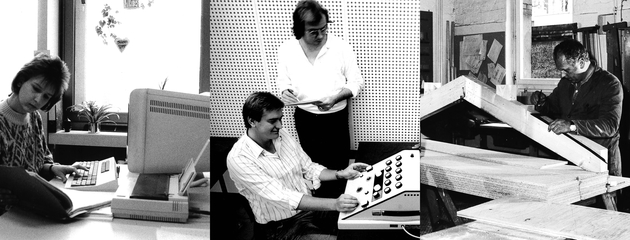 Eine Kollage aus drei Bildern: Zwei Bilder zeigen Personen zeigen Personen an Computern, ein Bild zeigt einen Mann in einer Werkstatt.
